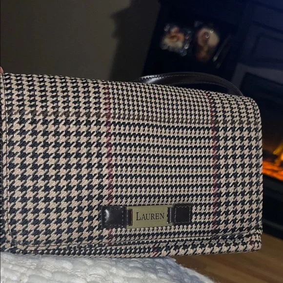Ralph Lauren Houndstooth Shoulder Bag in Brown and Black - Picture 1 of 5